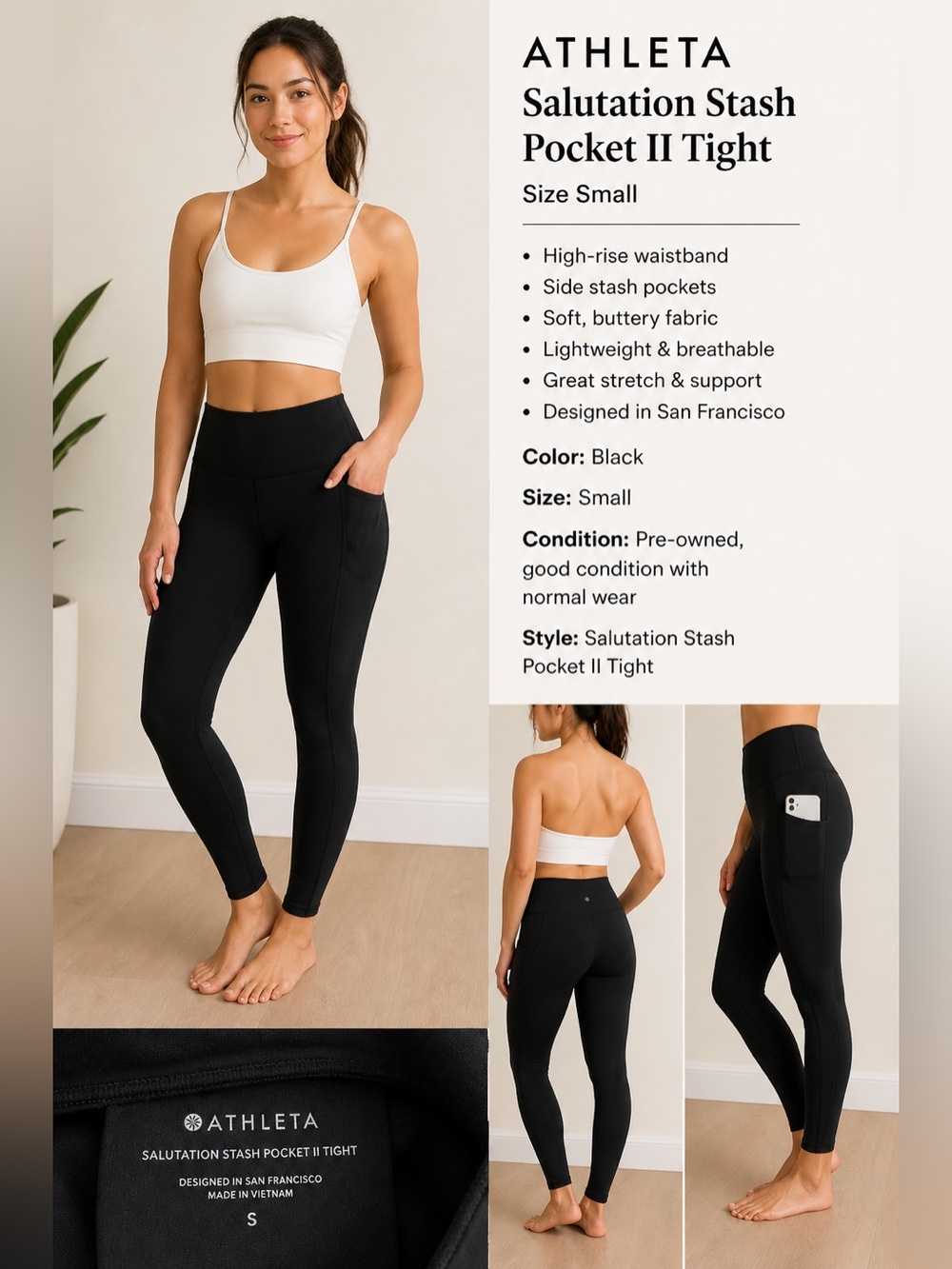 Athleta Salutation Stash Pocket II Tight Leggings Black Size Small High Rise